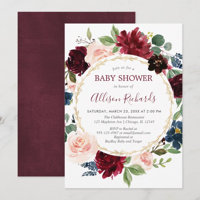 Burgundy navy blue gold floral wreath baby shower invitation (Front/Back)