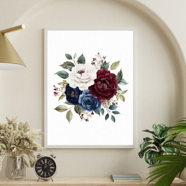 Burgundy Navy Blue Maroon White Floral Bouquet Poster (Burgundy Maroon, Navy blue White Floral Poster Print. Printed or Digital Download)
