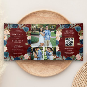 Burgundy Navy Blue Peach Floral QR Code Wedding Tri-Fold Invitation