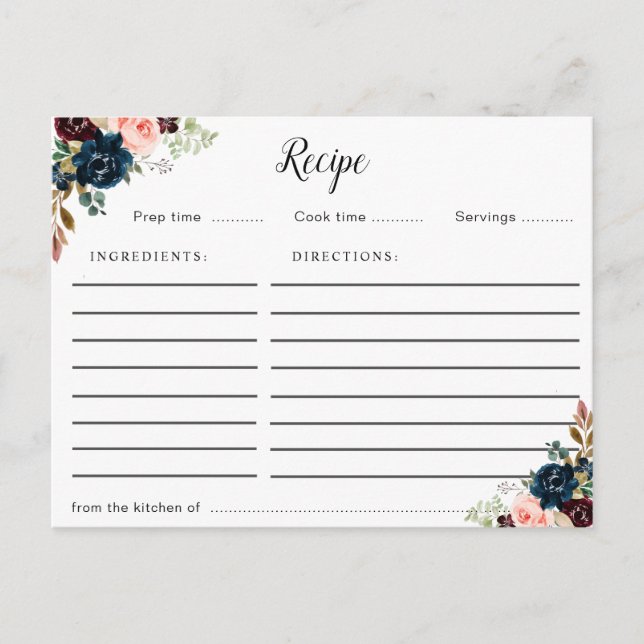 burgundy navy blue & pink blush floral recipe card (Front)