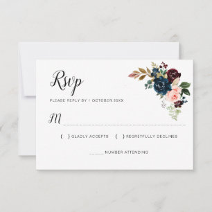 Burgundy navy blue pink blush floral RSVP card