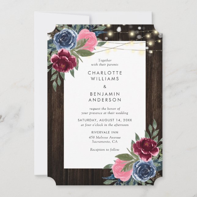 Burgundy Navy Blue Pink Rustic Wood Floral Wedding Invitation (Front)