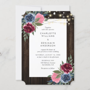 Burgundy Navy Blue Pink Rustic Wood Floral Wedding Invitation
