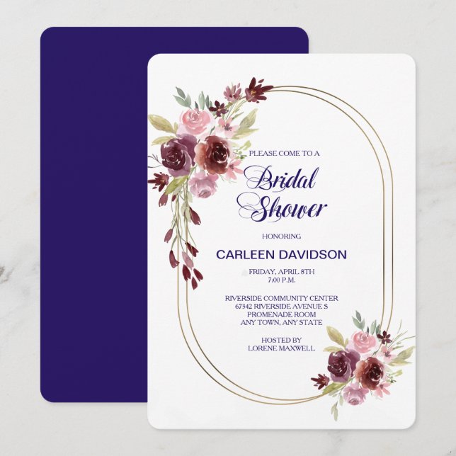 Burgundy Navy Blue Roses Floral Bridal Shower Invitation (Front/Back)