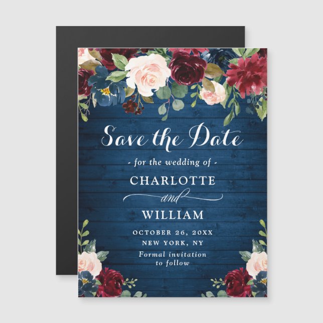 Burgundy Navy Blue Save the Date Magnetic Card (Front/Back)