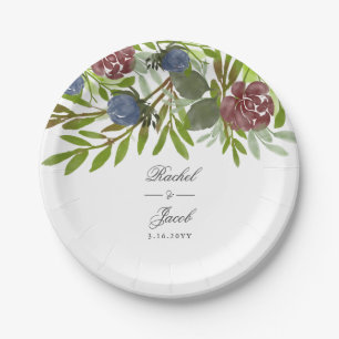 Burgundy & Navy Blue Watercolor Floral Wedding Paper Plate