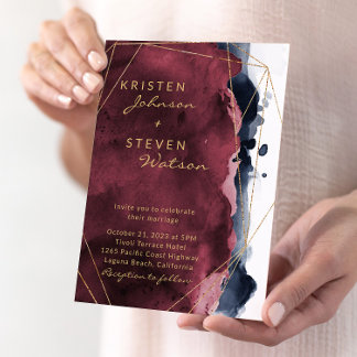 Burgundy & Navy Blue Watercolor Wedding Invitation