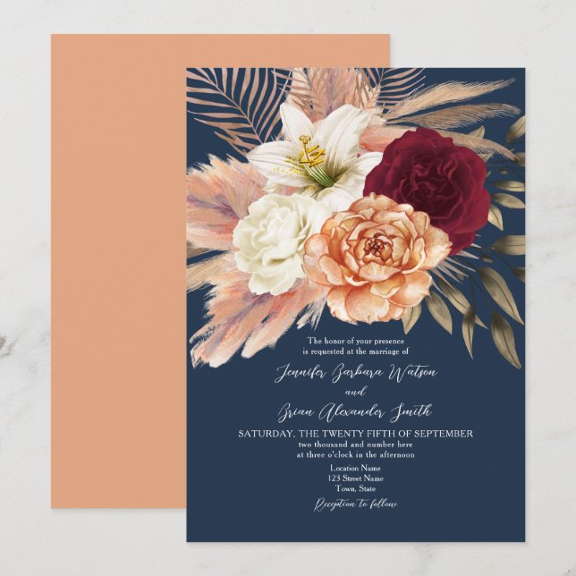 Burgundy Navy Blue Wedding Invitation (Front/Back)