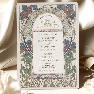 Burgundy Navy Blue Wedding Invitations Art Nouveau