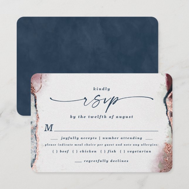 Burgundy & Navy Blue Wedding Meal Choice RSVP Card (Front/Back)