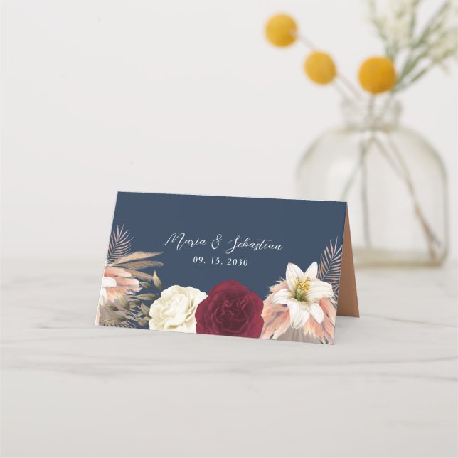 Burgundy Navy Blue Wedding Place Card (Back)