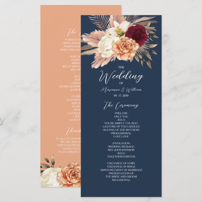 Burgundy Navy Blue Wedding Programme (Front/Back)