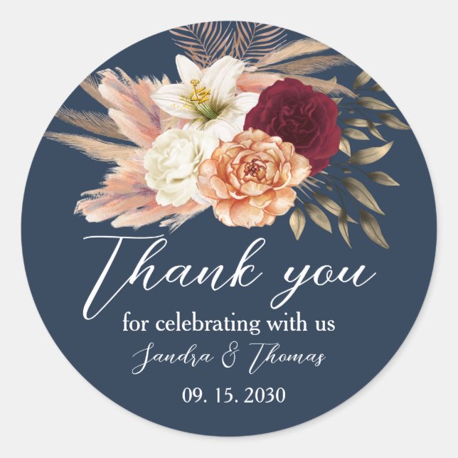 Burgundy Navy Blue Wedding Thank You Classic Round Sticker (Front)