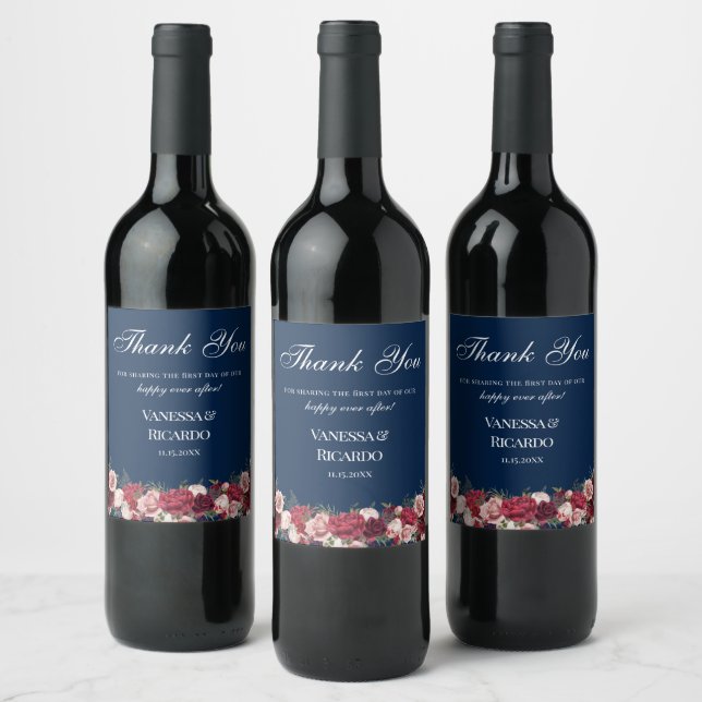 Burgundy Navy  Blue Wedding Thank You  Wine Label (Bottles)