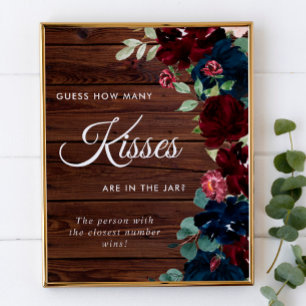 Burgundy & Navy Blue Wood How Many Kisses Sign