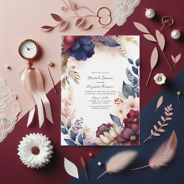 Burgundy, Navy, Blush Boho Floral Bridal Shower Invitation (Burgundy, Navy, Blush Boho Floral Bridal Shower Invitation)
