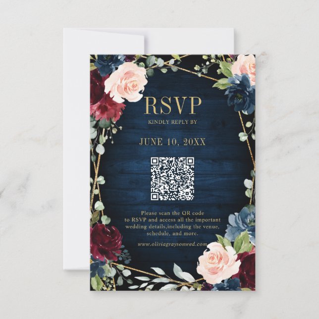 Burgundy Navy Blush Boho Geometric Wedding QR Code RSVP Card (Front)