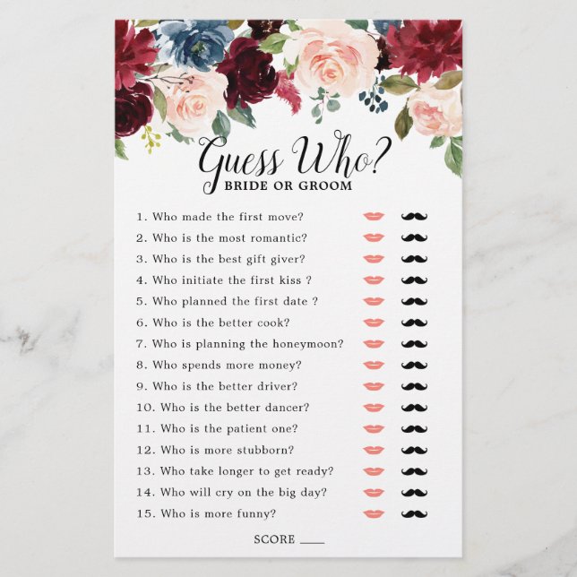 Burgundy Navy Blush Bridal Shower Game Guess Who (Front)