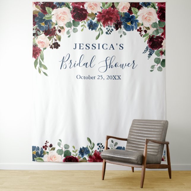 Burgundy Navy Blush Bridal Shower Photo Backdrop Tapestry (In Situ)