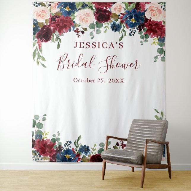 Burgundy Navy Blush Bridal Shower Photo Backdrop Tapestry (In Situ)