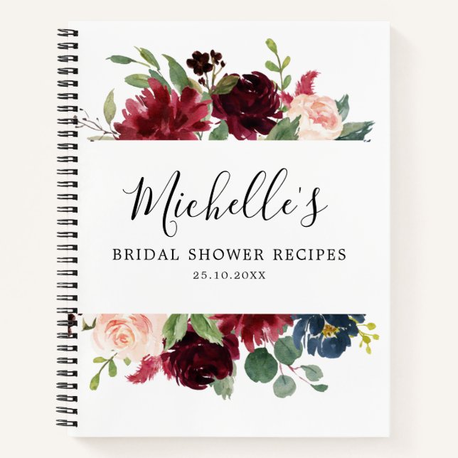 Burgundy Navy Blush Bridal Shower Recipe Book (Front)