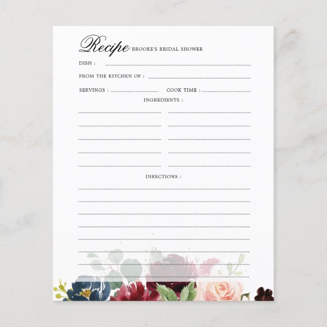 Burgundy Navy Blush Bridal Shower Recipe card (Front)