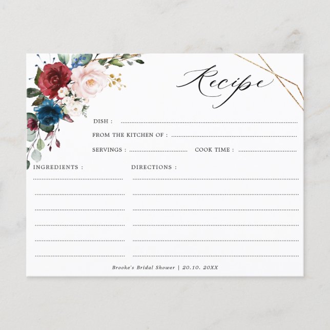 Burgundy Navy Blush Bridal Shower Recipe Card (Front)