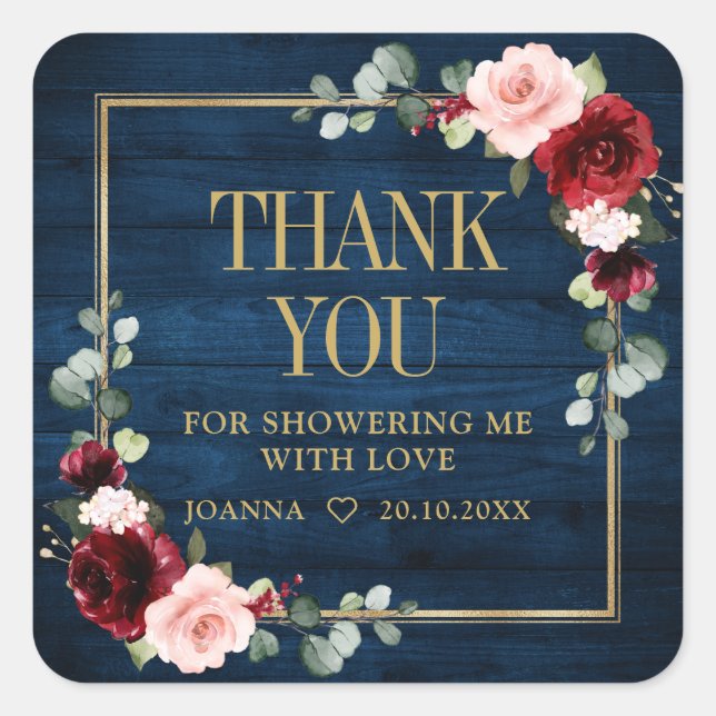 Burgundy Navy Blush Bridal Shower Thank Favour  Sq Square Sticker (Front)