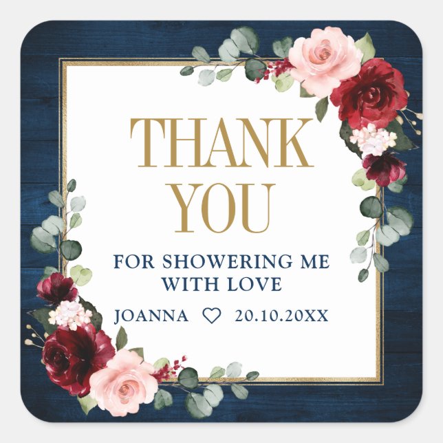 Burgundy Navy Blush Bridal Shower Thank Favour  Square Sticker (Front)
