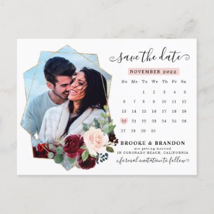 Burgundy Navy Blush Floral Calendar Save the Date  Postcard