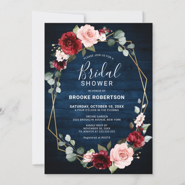 Burgundy Navy Blush Floral Geometric Bridal Shower Invitation (Front)