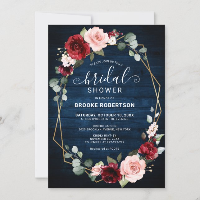 Burgundy Navy Blush Floral Geometric Bridal Shower Invitation (Front)