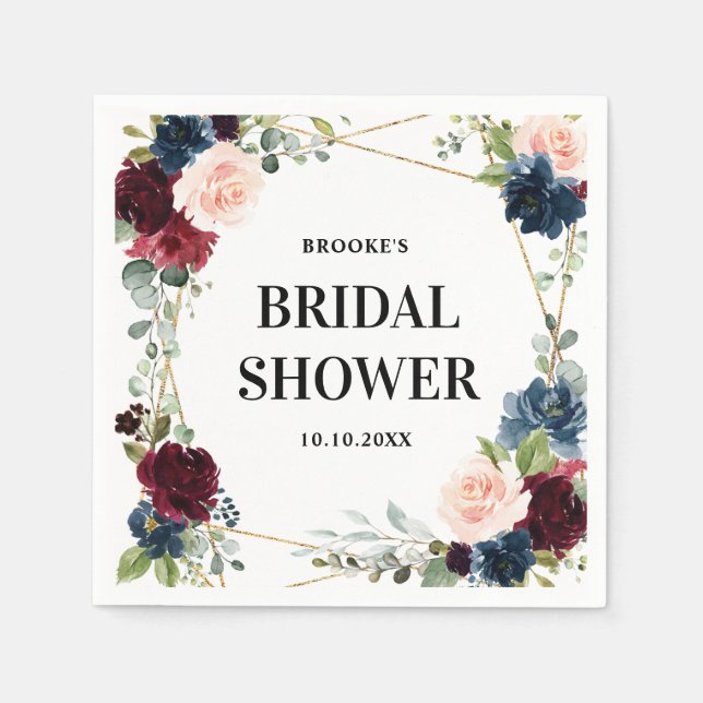 Burgundy Navy Blush Floral Geometric Bridal Shower Napkin (Front)