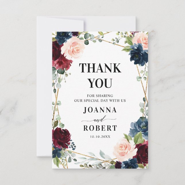 Burgundy Navy Blush Floral Geometric Photo Thank You Card (Front)