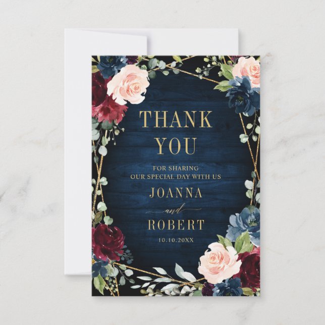 Burgundy Navy Blush Floral Geometric Photo Thank You Card (Front)