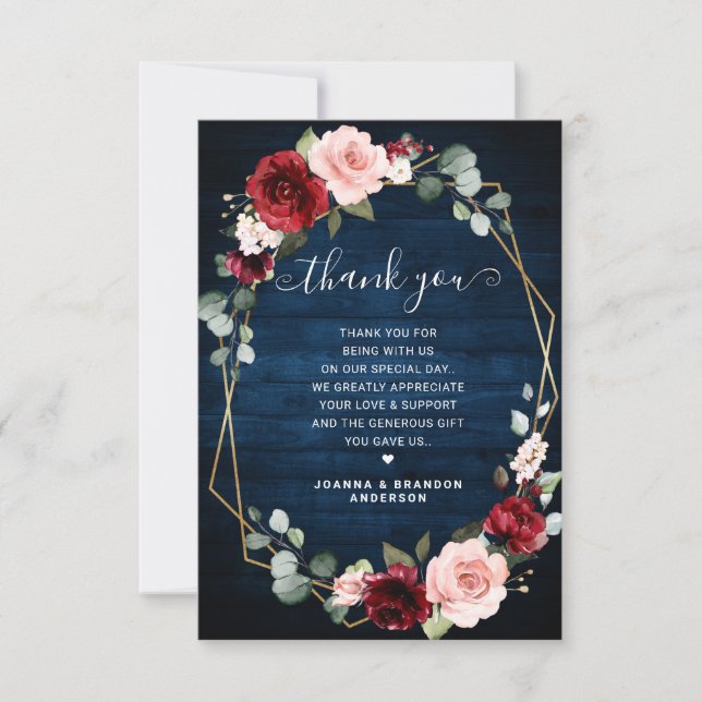 Burgundy Navy Blush Floral Geometric Photo Wedding Thank You Card (Front)