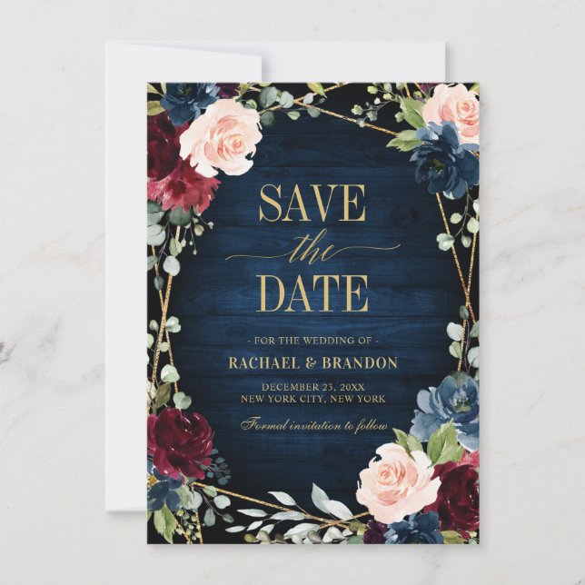 Burgundy Navy Blush Floral Geometric save the date (Front)