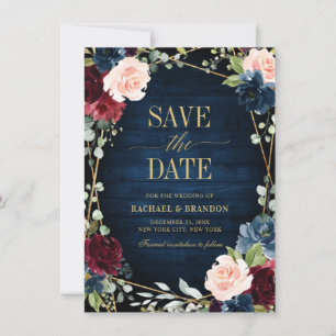 Burgundy Navy Blush Floral Geometric save the date