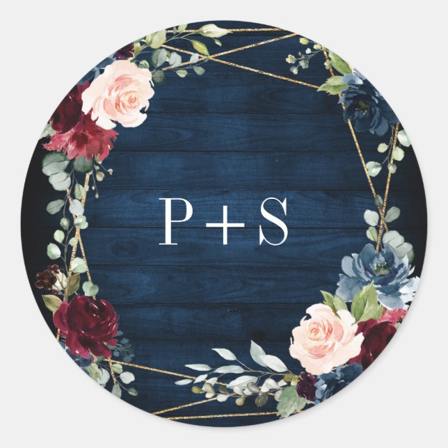 Burgundy Navy Blush Floral Geometric Wedding Classic Round Sticker (Front)