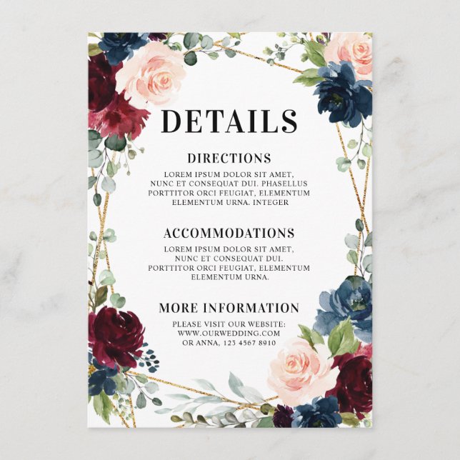 Burgundy Navy Blush Floral Geometric Wedding Enclosure Card (Front)