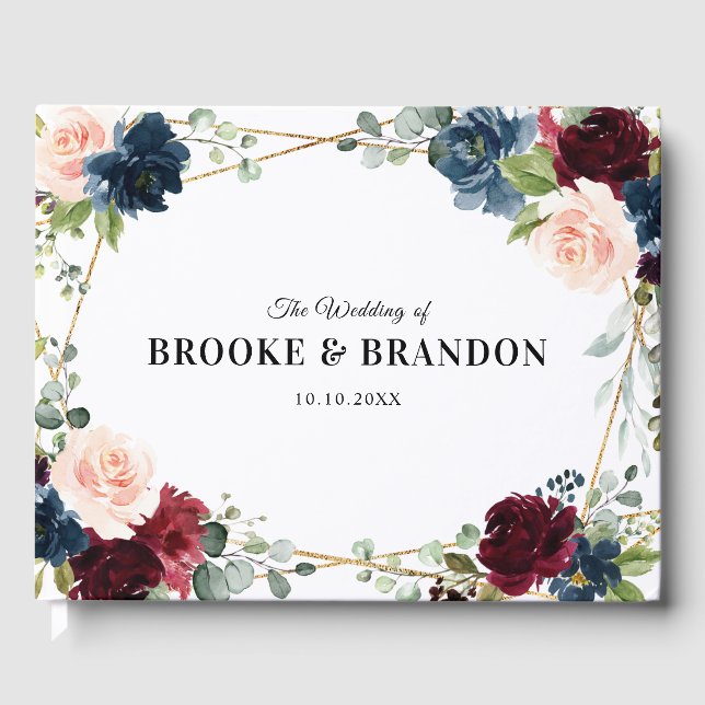 Burgundy Navy Blush Floral Geometric Wedding Guest Book (Front)