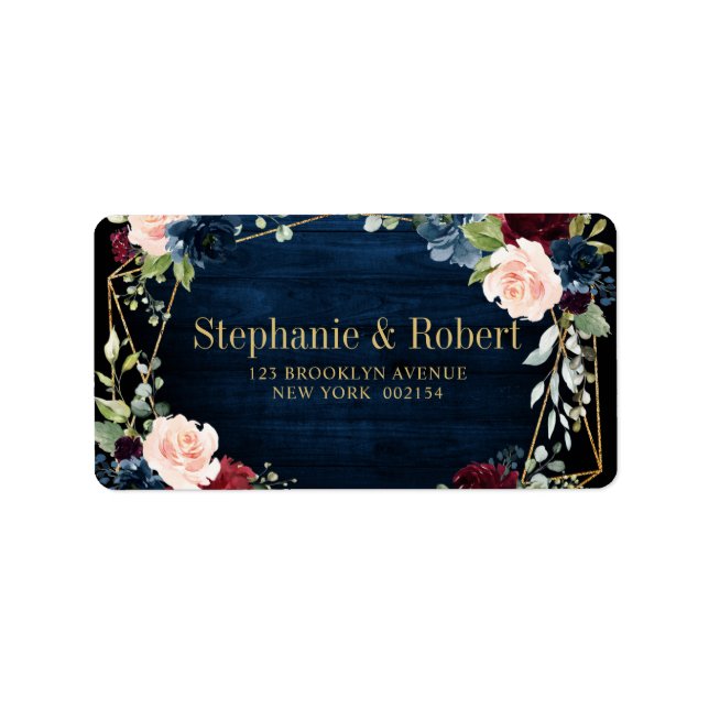 Burgundy Navy Blush Floral Geometric Wedding Label (Front)