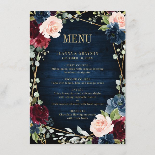 Burgundy Navy Blush Floral Geometric Wedding Menu (Front)
