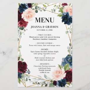 Burgundy Navy Blush Floral Geometric Wedding Menu