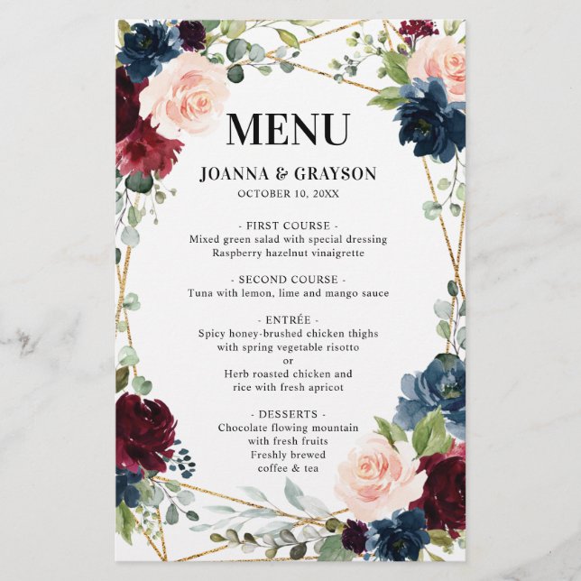 Burgundy Navy Blush Floral Geometric Wedding Menu (Front)
