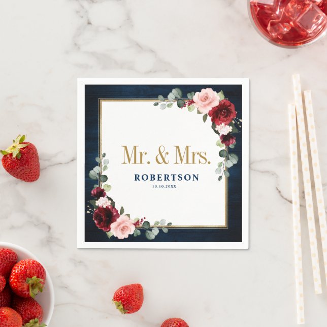 Burgundy Navy Blush Floral Geometric Wedding Napki Napkin (Insitu)