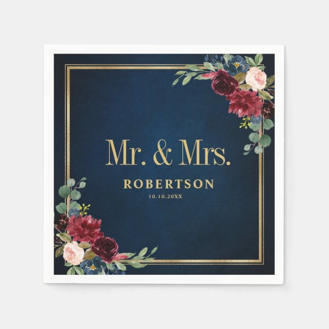 Burgundy Navy Blush Floral Geometric Wedding Napki Napkin (Front)