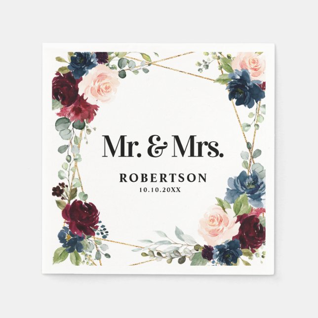 Burgundy Navy Blush Floral Geometric Wedding Napkin (Front)