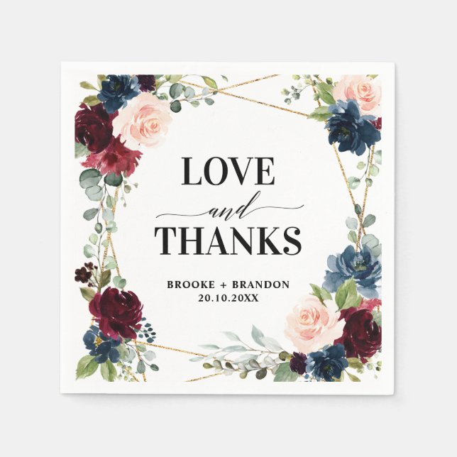 Burgundy Navy Blush Floral Geometric Wedding Napkin (Front)