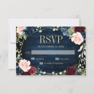 Burgundy Navy Blush Floral Geometric Wedding RSVP Card